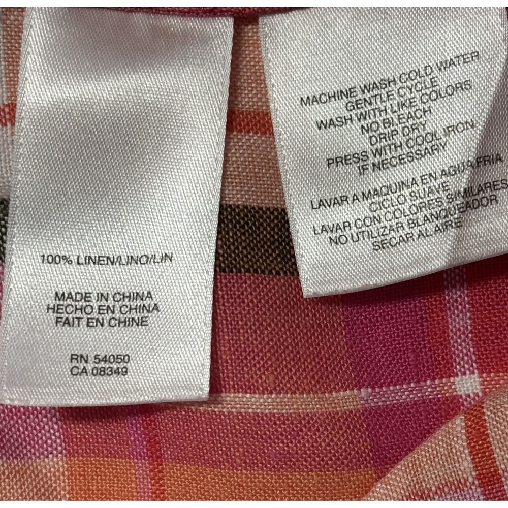 Jones New York Sport Shirt L 100% Linen Plaid Madras Button Front Preppy - Picture 9 of 12
